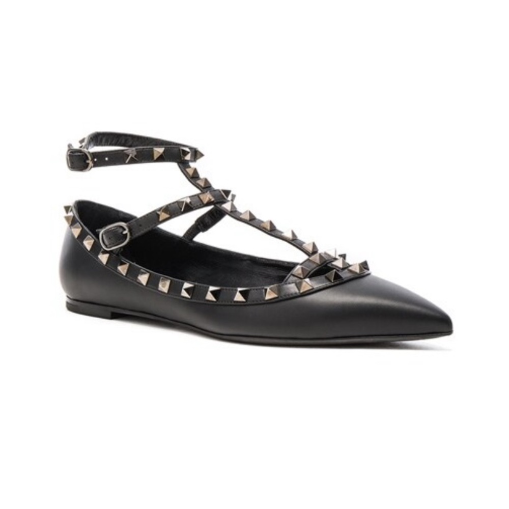 VALENTINO GARAVANI
Rockstud Noir Leather Cage Flats
Color: Ruthenium Black